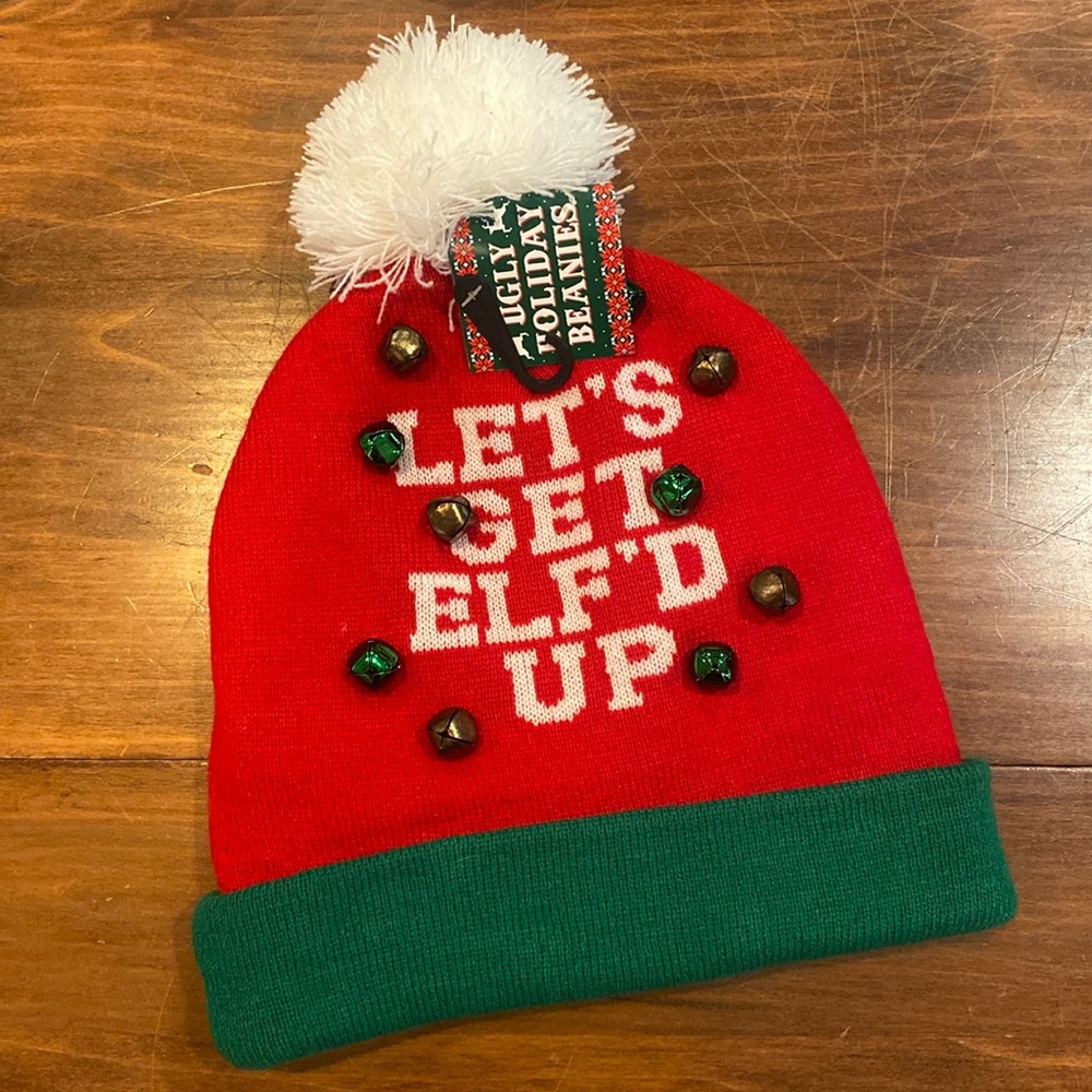 NWT Ugly Holiday Beanies Let’s Get Elf’d Up Jungle Bells Christmas Pom Red Green